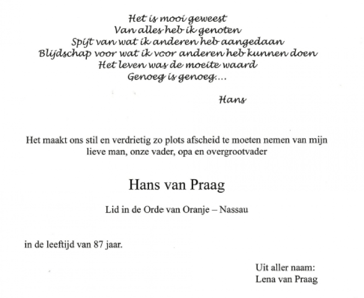 Erelid Hans van Praag overleden